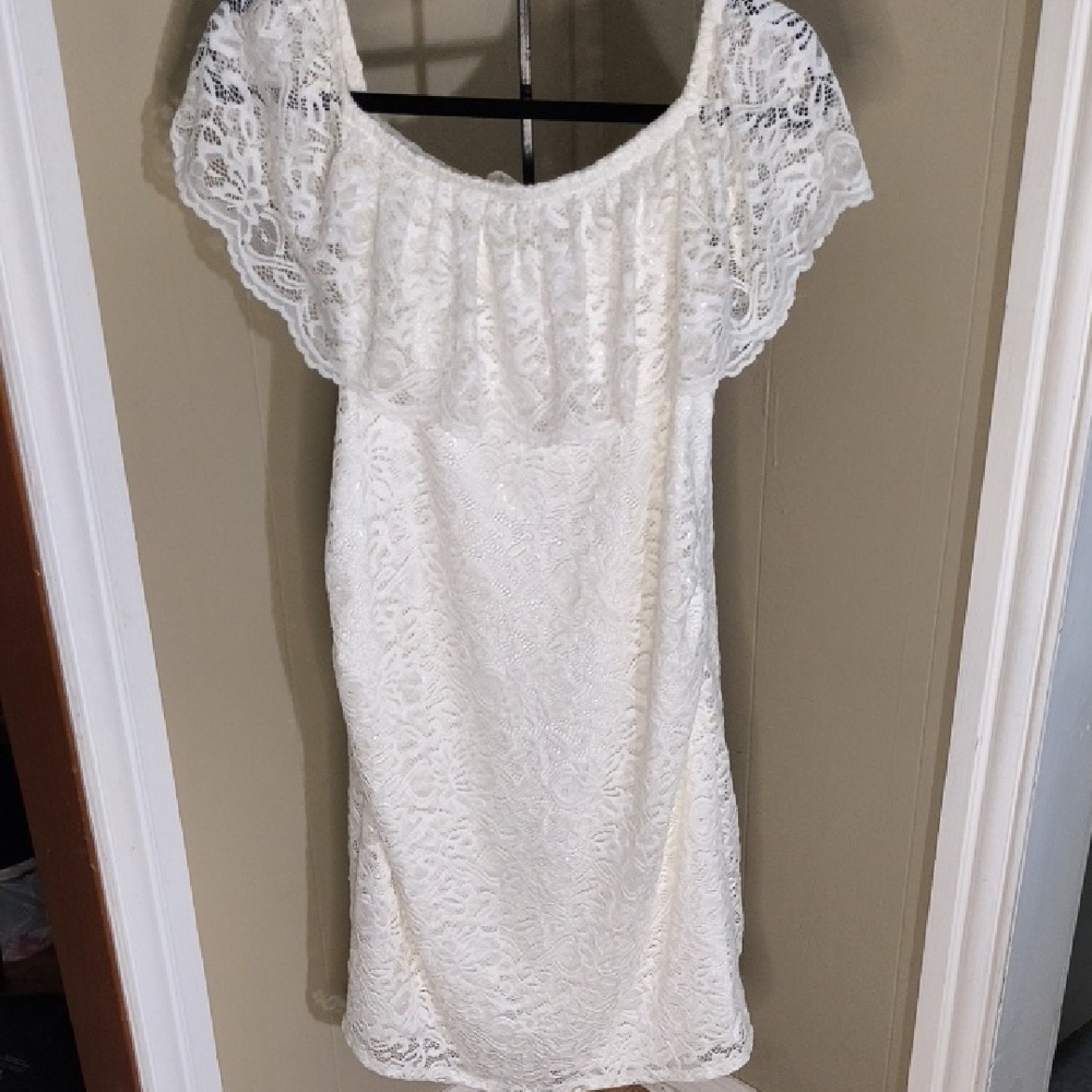 Pinkblush White Off-the-Shoulder Flutter Sleeve Lace Maternity Mini Dress Size M